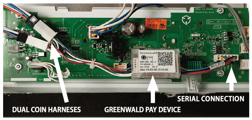 Maytag/Whirlpool dual-coin Greenwald Pay installation connection layout