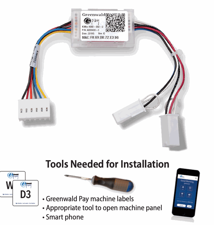 Maytag/Whirlpool dual-coin Greenwald Pay installation kit and required tools