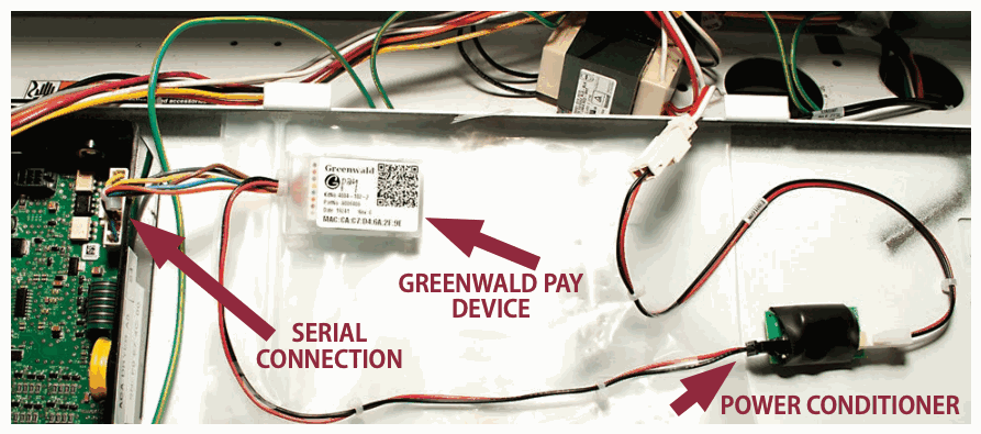 ACA Greenwald Pay installation with 24 VAC power conditioner connection layout