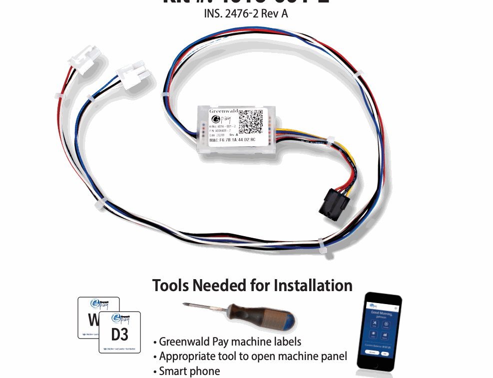 LG dual-coin Greenwald Pay installation kit and required tools