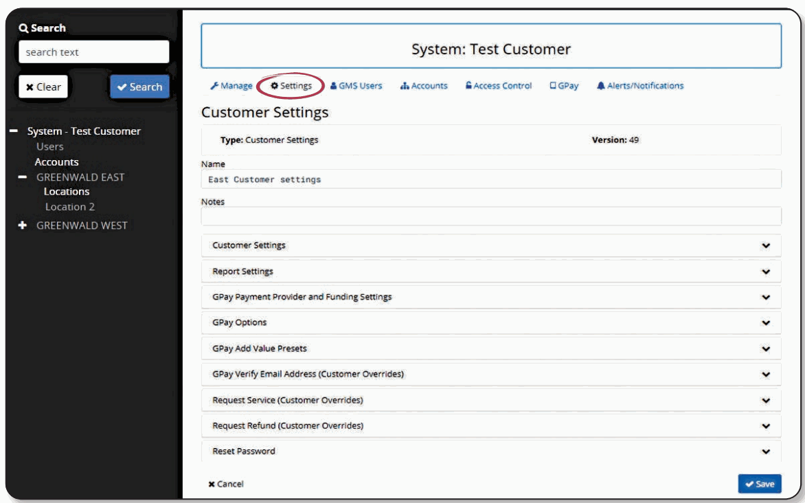 System settings in Greenwald Management System