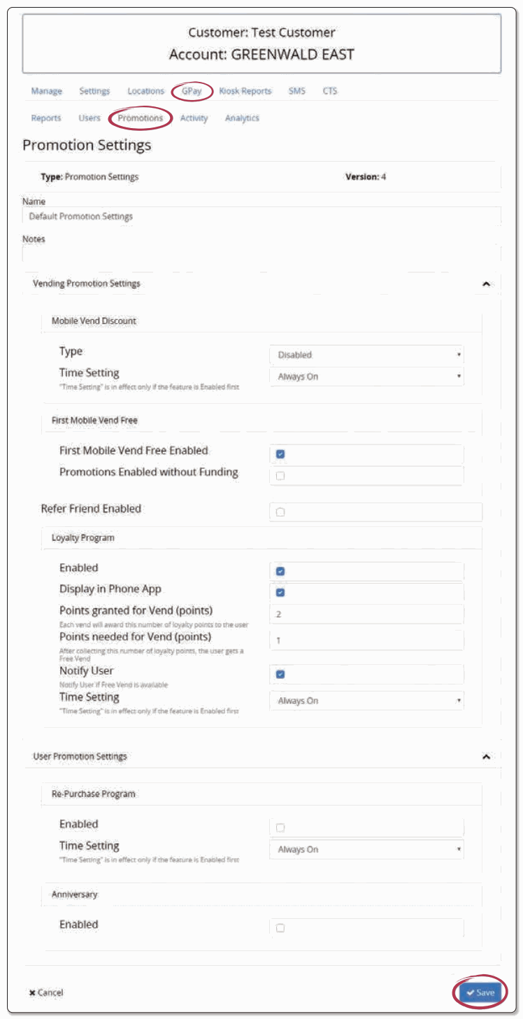 Promotion settings for a Greenwald Pay account