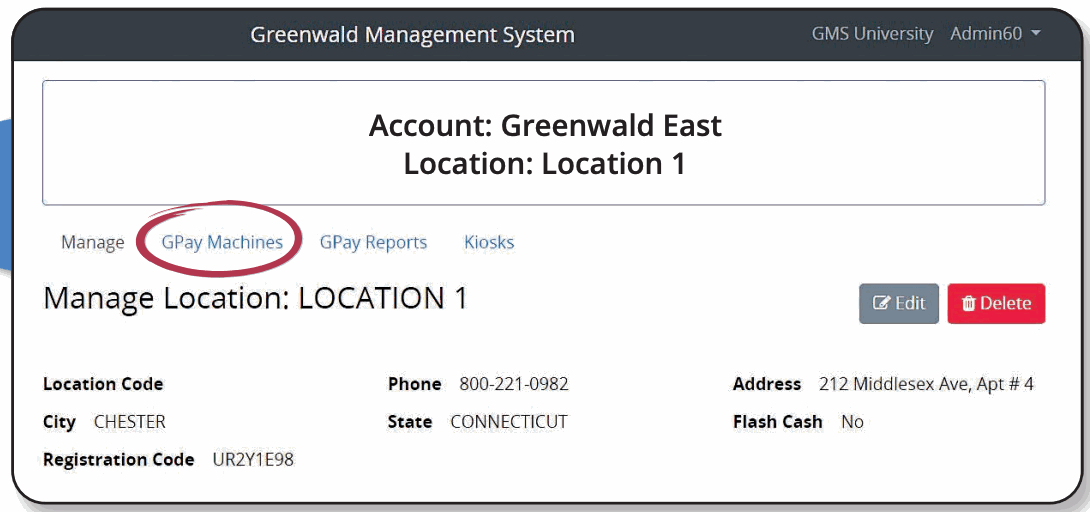 GPay Machines tab for a location