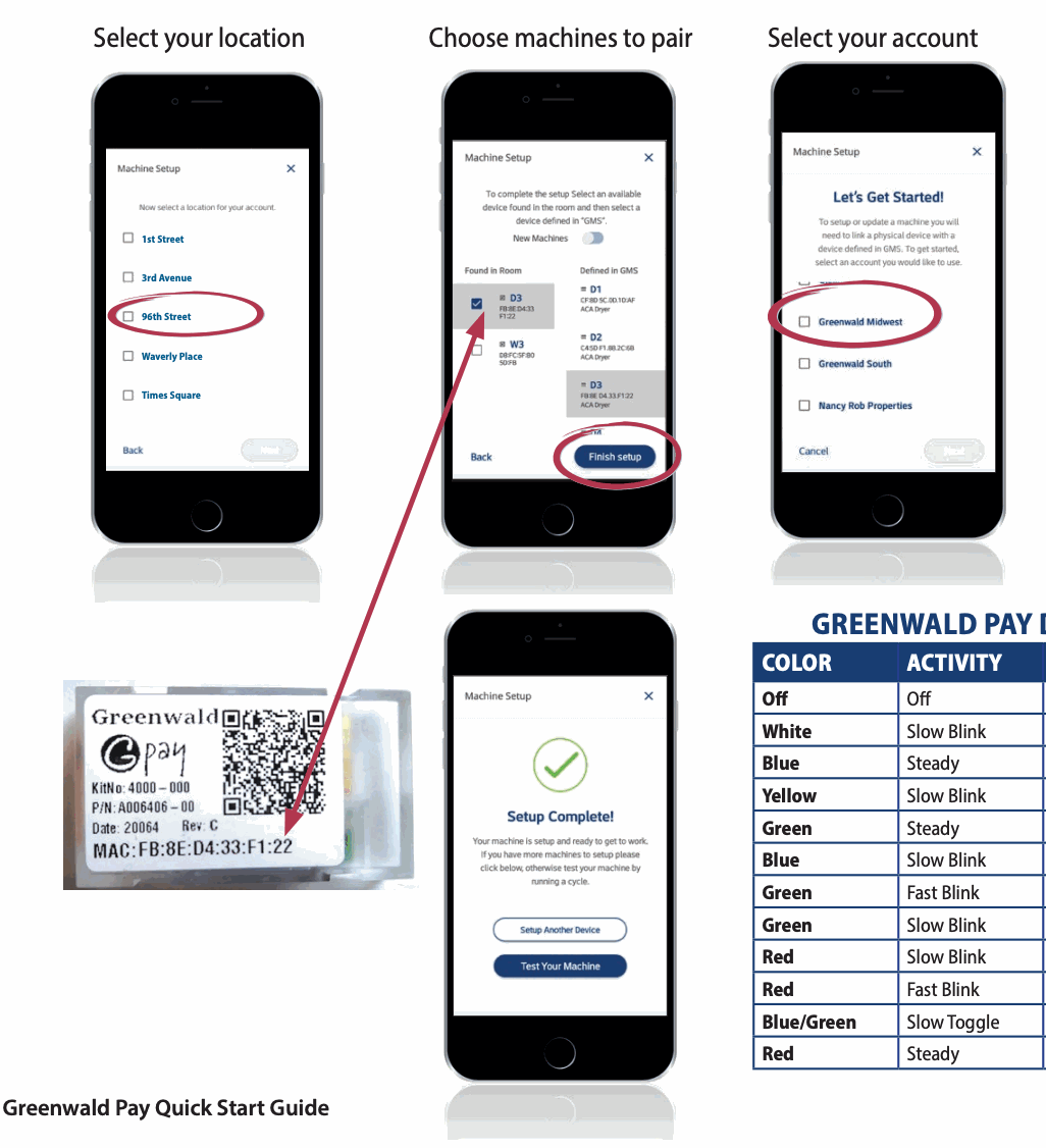 Greenwald Pay app machine-pairing sequence