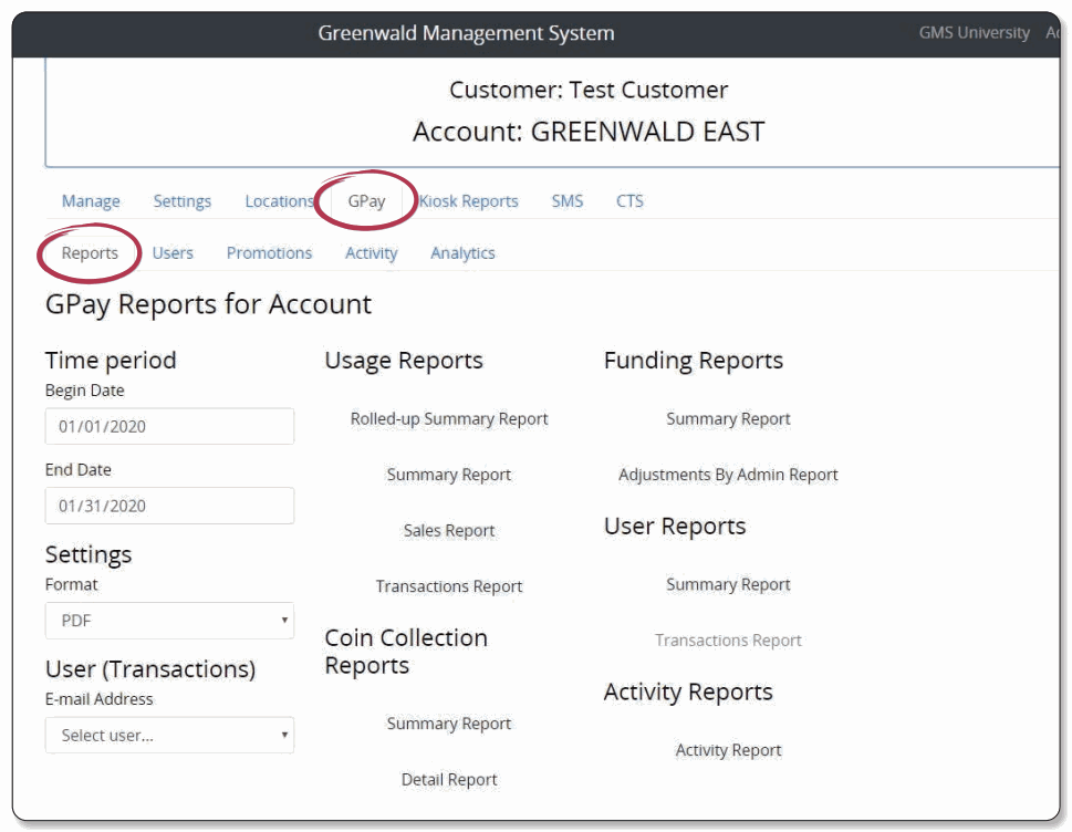 GPay Reports screen in Greenwald Management System