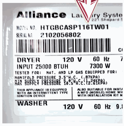 Alliance model label showing the identifying model-number position